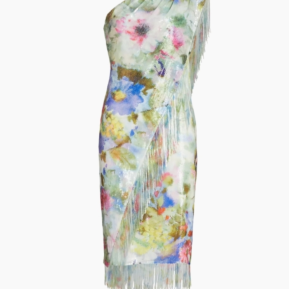 BADGLEY MISCHKA Green Multi Fringe Sequin Floral One Shoulder Dress - Picture 8 of 17